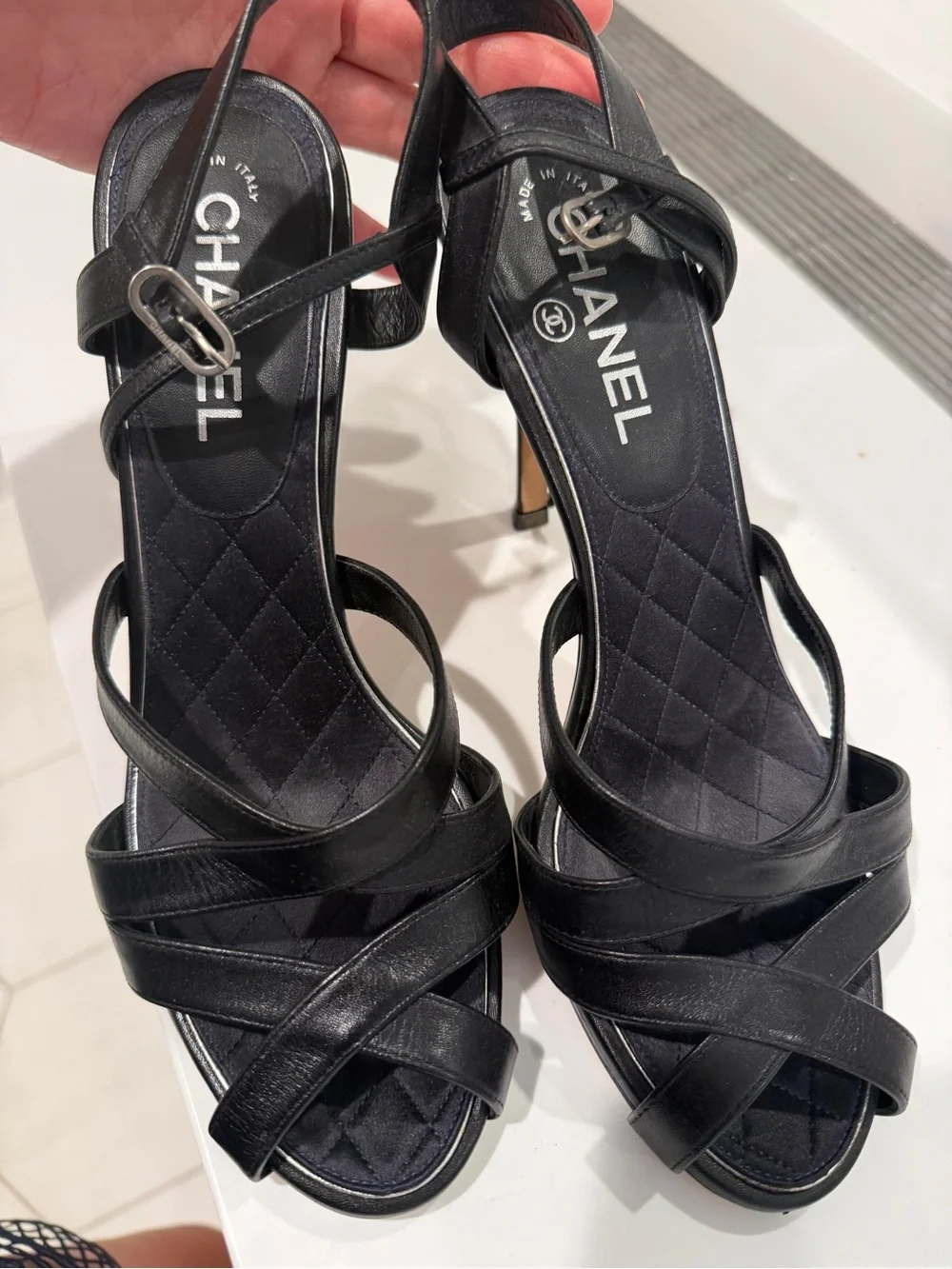 CHANEL Black Leather Crisscross Slingback Heels